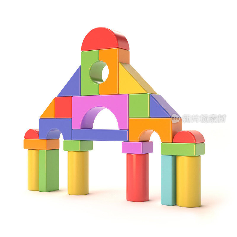 塑料玩具积木，小城堡前面。3 d